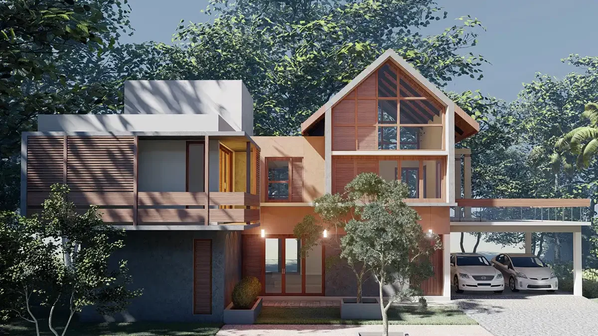 The Gablewoods modern home with wooden façade in Narammala by Ishara Homes