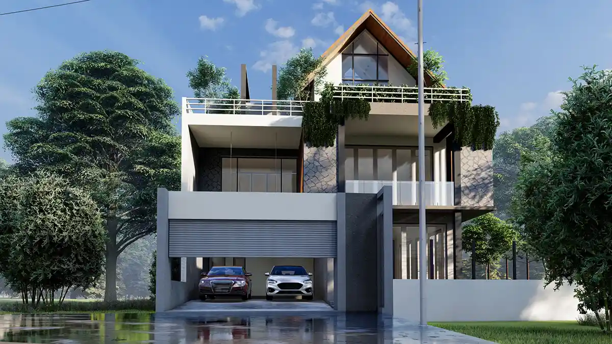 This dusk-lit elevation shows the full height of the design, cascading rooftop vines and a glazed gable catching the fading light above two cars...
